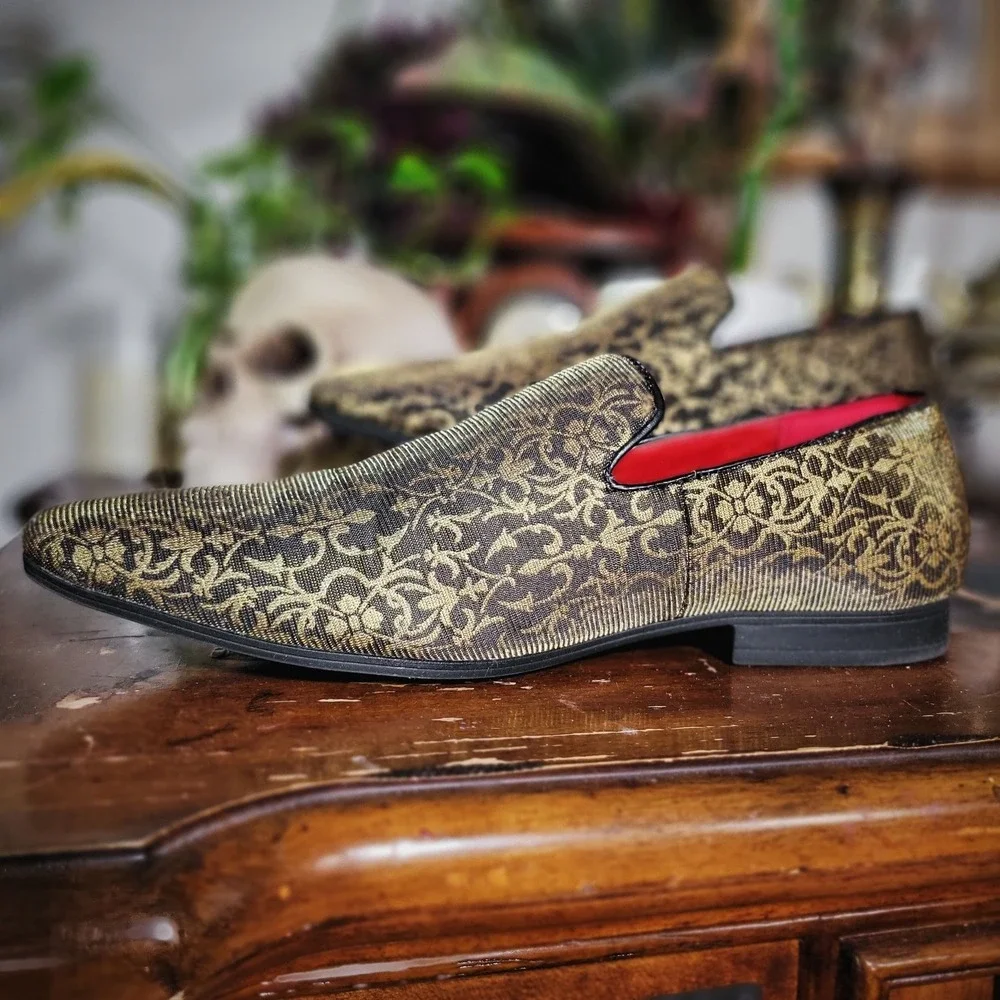Henry Ferrera Gold Black Brocade‎ Smoking Loafers Slip On Dress Shoes Men's 10.5